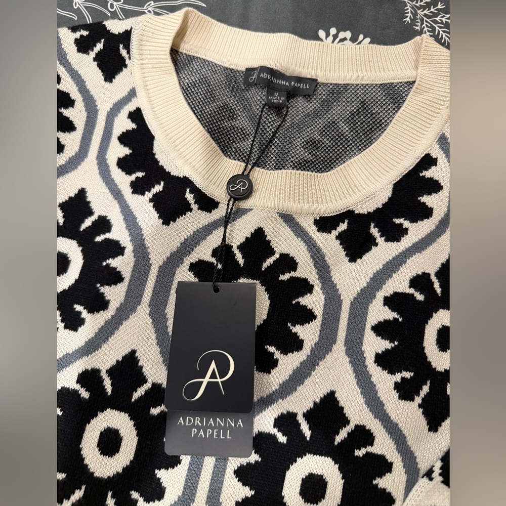 Adrianna Papell Black and Cream Floral Sweater
